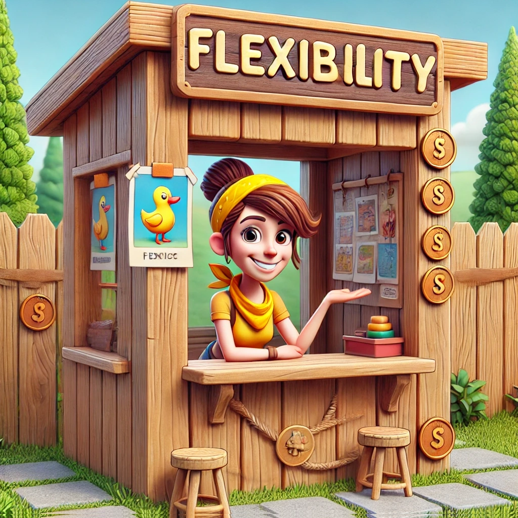 A charming cartoon-style illustration of a young woman with brown hair tied in a bun, wearing a yellow headband and matching shirt, standing at a wooden booth labeled 'Flexibility.' The booth is decorated with playful elements, including a picture of a yellow duck, wooden coins with dollar signs, and colorful items on display. The woman is smiling and gesturing invitingly, creating a warm and welcoming atmosphere in a green outdoor setting." Keywords: Flexibility Cartoon character Yellow headband Playful illustration Wooden booth Friendly woman Outdoor setting Yellow duck illustration Dollar sign symbols Cheerful atmosphere Fun design