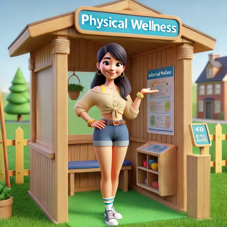 A cheerful 3D-animated female character standing in front of a small wooden booth labeled 'Physical Wellness.' She is smiling, wearing casual clothing—shorts, a tied-off top, and sneakers—and gesturing towards a sign with informational content inside the booth. The setting is outdoors in a sunny, well-kept yard, with a house and trees in the background, conveying a welcoming and educational atmosphere." Keywords: physical wellness, 3D animation, wellness booth, health, outdoors, casual clothing, educational, cheerful, self-care, character illustration, wellness education.