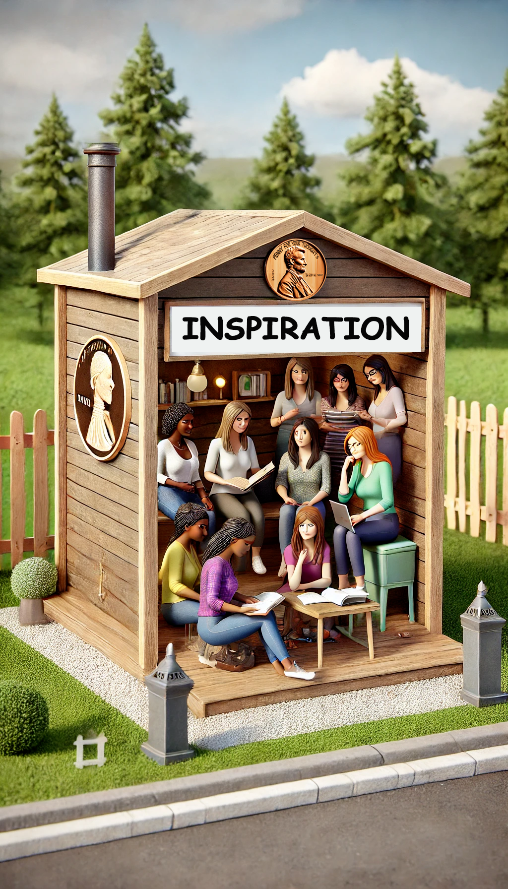 A wooden booth labeled 'Inspiration' surrounded by greenery and trees, with a group of women seated inside. They are engaged in reading, writing, and conversation, creating a collaborative and supportive environment. The booth has decorative elements, including a penny motif, and a chimney. The scene reflects a peaceful outdoor setting conducive to creativity and inspiration." Keywords: Inspiration booth Creative group Women's empowerment Collaborative reading Outdoor setting Creative space Supportive environment Motivation Artistic gathering Inspirational women