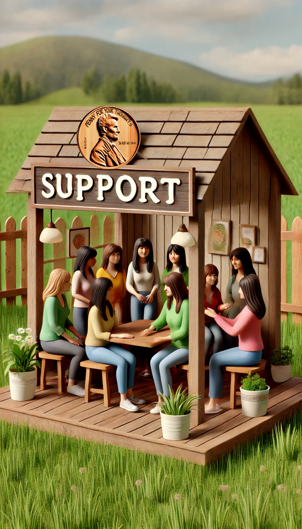 A wooden booth labeled 'Support' situated in a lush green outdoor setting, with a group of women gathered around a table inside the booth. They appear to be engaging in a supportive discussion, with some holding hands. The booth is adorned with a large penny motif on the roof, symbolizing 'A penny for your thoughts.' The peaceful scene reflects a nurturing, community-oriented atmosphere." Keywords: Support group Women's support Outdoor setting Empowerment gathering Penny motif Community discussion Emotional support Connection Encouragement Group therapy