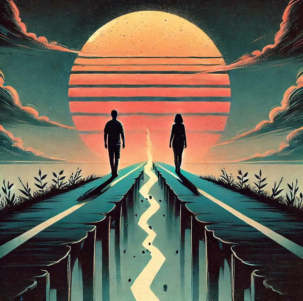 "A symbolic and surreal illustration of two people, a man and a woman, walking away from each other on a cracked path that splits in the middle, suggesting separation. In the background, a large sun sets on the horizon, casting an orange glow with striped bands across the sky. The surrounding scenery includes plants and clouds, creating a contemplative and melancholic atmosphere." Keywords: separation, friendship, symbolic, sunset, surreal, cracked path, walking away, division, melancholy, relationship, distance, art, emotional, horizon.