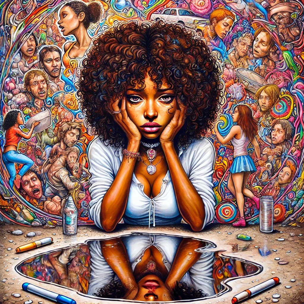 A vibrant and intense illustration of a young Black woman with curly hair, sitting at a table with her head in her hands, reflecting a sense of emotional overwhelm. Behind her is a chaotic and colorful swirl of people and activities, representing the stresses of daily life. A reflection of her face is visible in a puddle on the table, and scattered objects like markers and a can surround her, symbolizing the struggle to find balance in a busy day." Keywords: balance, emotional overwhelm, chaos, busy day, reflection, finding balance, colorful, stress, introspection, illustration, mental health.