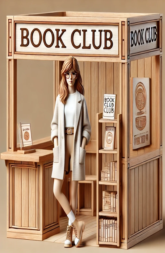 A wooden-themed illustration of a female book club leader standing in front of a booth labeled "Book Club." The woman, wearing glasses, a light-colored long coat, and casual shoes, leans against a bookshelf filled with books. The booth has a minimalist design with carved book details and a sign that reads "Book Club." The image emphasizes themes of literature, community reading, intellectual engagement, and cultural enrichment. It represents shared knowledge, intellectual curiosity, and the joy of reading as a collective activity.