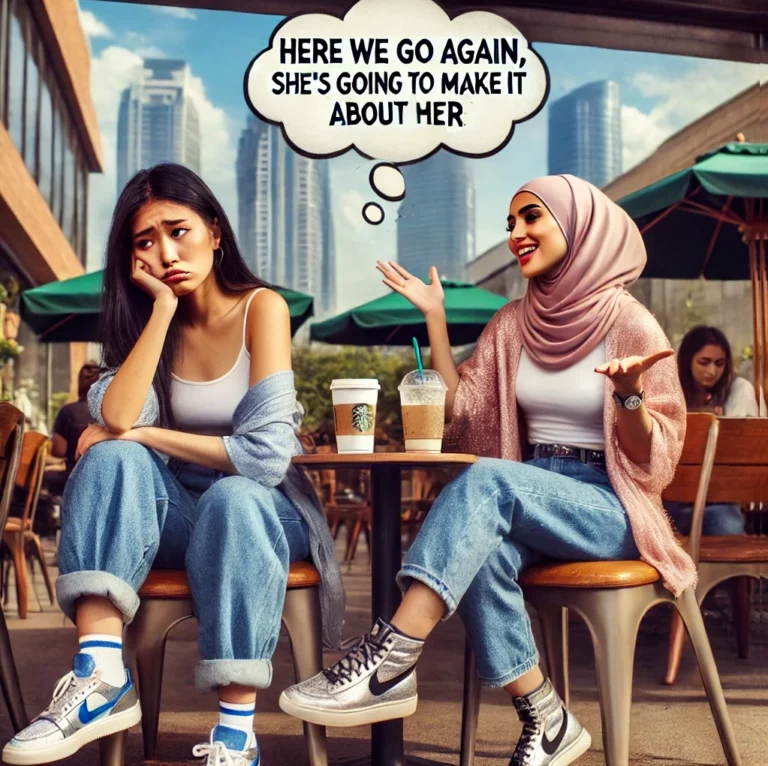 Two women sit at an outdoor café, one appearing frustrated while the other is animatedly talking. The frustrated woman has a thought bubble that reads, "Here we go again, she's going to make it about her," representing the theme of comparison vs. compassion. The scene captures the feeling of being overshadowed in a conversation, with elements of self-care, emotional wellness, and the struggle for balance in relationships. The setting reflects modern urban life, with coffee cups on the table and a city skyline in the background, highlighting the importance of boundaries and mutual support in friendships.