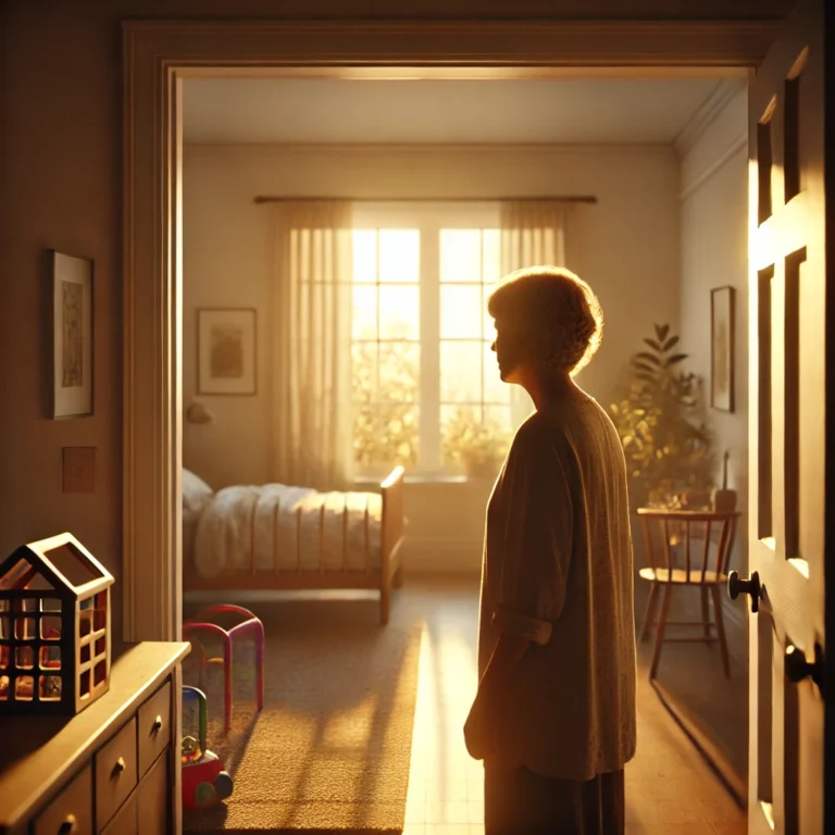 A photorealistic image set during golden hour lighting, showing a middle-aged woman standing quietly in a doorway, looking into her daughter's bedroom. The room is softly lit by warm sunlight, casting a peaceful and contemplative atmosphere with toys on the floor and a neatly made bed in the background. This image evokes feelings of authenticity, balance, and presence, symbolizing family values, resilience, and quiet reflection in a moment of introspection and bonding-unity. The warm tones reflect cultural wellness and self-care amidst a scene of emotional growth and inspiration.