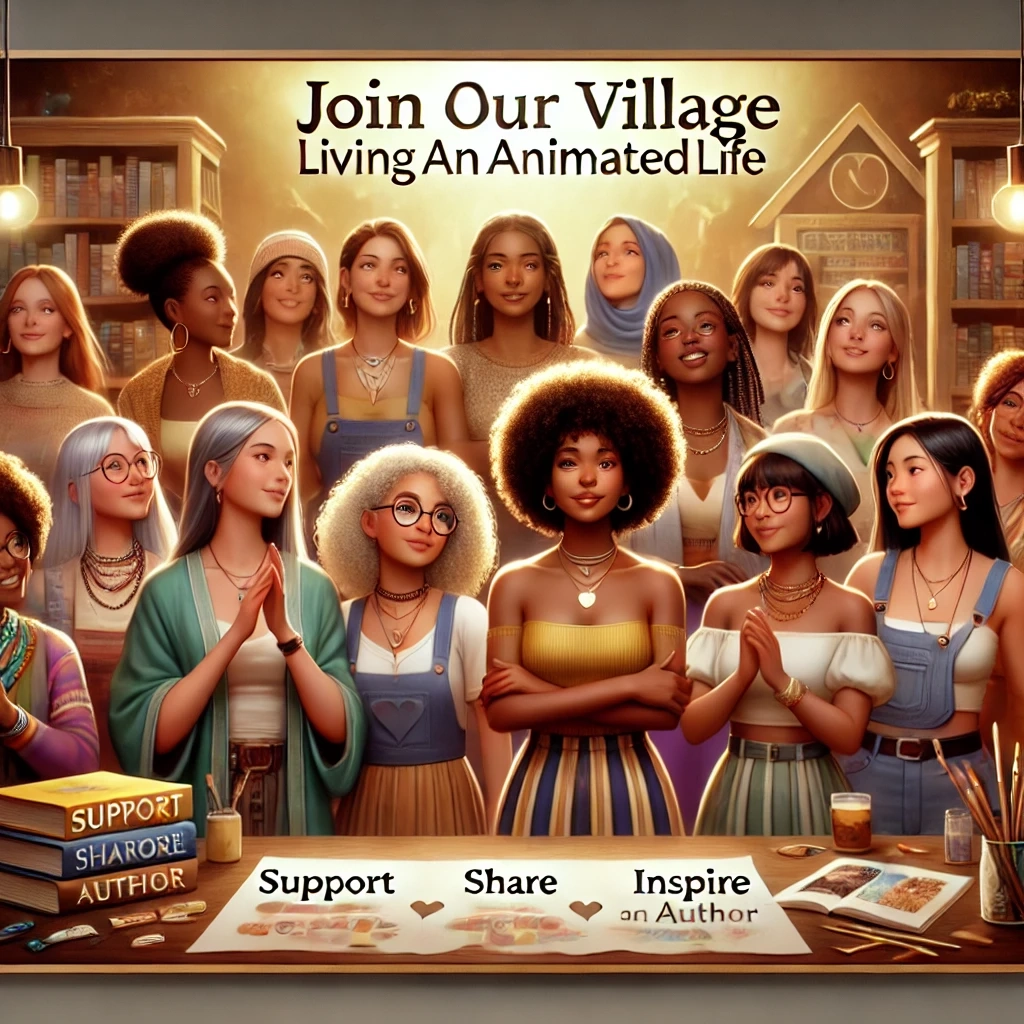 A vibrant and diverse group of women stand together, radiating warmth and positivity, with a soft glow surrounding them. The scene is set in a cozy, welcoming space filled with books and art supplies. The banner reads "Join Our Village, Living an Animated Life," encouraging a sense of community and connection. Below, the words "Support," "Share," and "Inspire" are written, symbolizing the values of the group. Keywords: community, support, women empowerment, diversity, artistic village, inspiration, sharing, living an animated life, female strength.