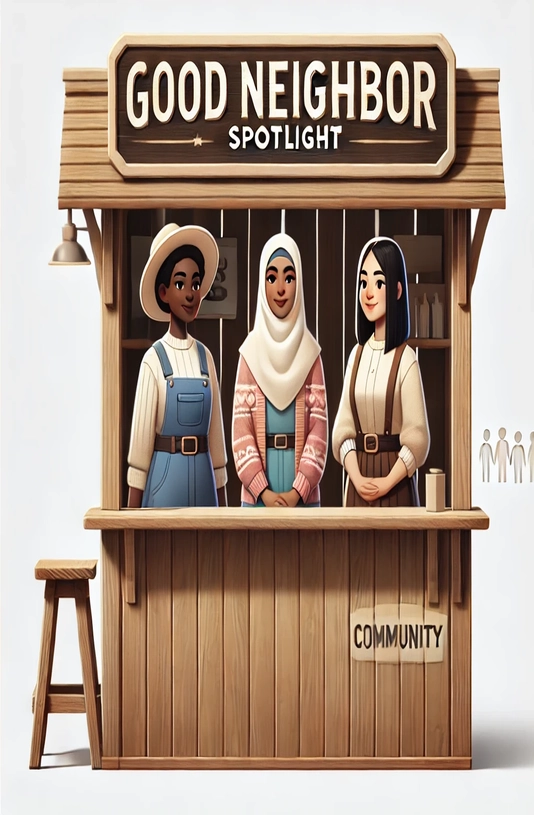 An illustration of three diverse women standing together at a wooden booth labeled "Good Neighbor Spotlight." The booth highlights community engagement and unity, with the women dressed in casual, modest clothing, including overalls, a hijab, and a sweater. The booth represents themes of community, mutual support, authenticity, and cultural wellness, emphasizing the importance of being a good neighbor and fostering a strong sense of bonding-unity. The warm, welcoming setup symbolizes kindness and diversity in creating supportive environments.