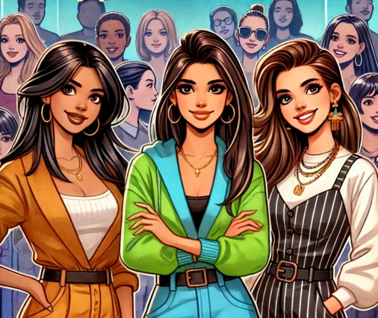 An animated illustration of three fashionable women standing confidently in the foreground, each wearing trendy outfits and accessorized with gold jewelry. They are surrounded by a large group of women in the background, creating a sense of camaraderie and unity. The scene exudes a stylish, empowering vibe, representing leadership and solidarity among women. Keywords: women empowerment, fashion icons, solidarity, unity, stylish outfits, female leadership, group support, confident women, fashion-forward.