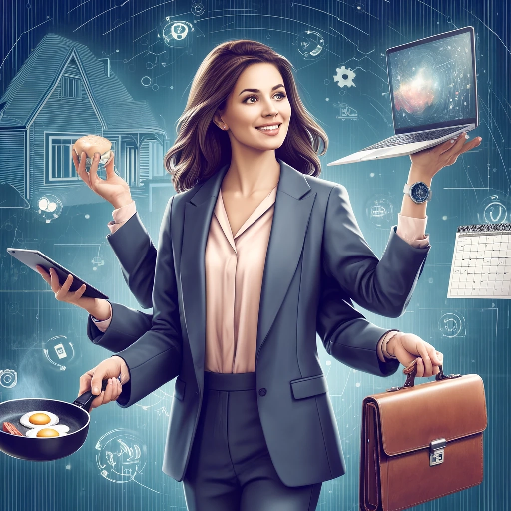 "A modern digital illustration of a professional woman multitasking with ease. She is dressed in a business suit and balances various tasks: holding a laptop, a tablet, a frying pan with breakfast, a briefcase, and a piece of food. The background includes abstract technological elements and symbols, representing AI and organization, with a subtle depiction of a house. The image conveys efficiency, balance, and the integration of technology into daily life." Keywords: multitasking, AI, organization, professional woman, balance, technology, business, modern life, efficiency, illustration, digital tools.