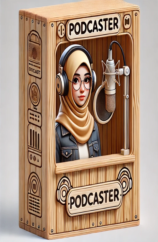 A stylized illustration of a female podcaster standing behind a wooden booth labeled "Podcaster." The podcaster, wearing a hijab, large headphones, glasses, and a denim jacket, speaks into a professional microphone. The booth features intricate wood carvings and vintage podcasting symbols, such as radio waves and recording equipment. This image highlights the themes of podcasting, digital media creation, community storytelling, and cultural representation. It represents modern communication and the use of voice and technology to share authentic experiences and diverse perspectives.