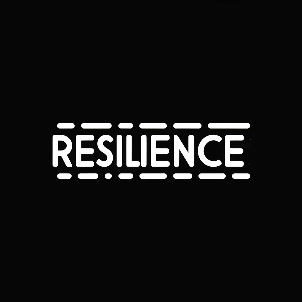 "Resilience graphic featuring bold white letters, framed by horizontal dashes, set against a minimalist black background." resilience bold typography minimalist design black-and-white graphic resilience logo