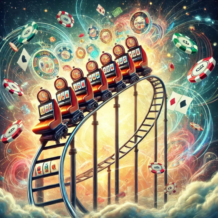 A surreal and dynamic graphic illustration of a rollercoaster made up of slot machines, riding on a track through a vibrant, swirling cosmic background. Playing cards, poker chips, and casino tokens are floating in the air, adding to the thrilling atmosphere of the scene." Keywords: casino, slot machine, rollercoaster, surreal, gambling, poker chips, playing cards, cosmic background, vibrant illustration, casino tokens, thrill ride, entertainment, fantasy.