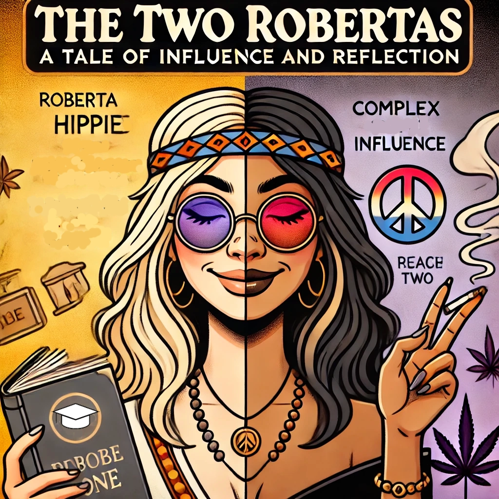 A split image titled The Two Robertas: A Tale of Influence and Reflection, showcasing two sides of the same woman, each representing different personas. On the left, labeled "Roberta Hippie," she wears colorful sunglasses, a headband, and a smile while holding a book titled "Rebobe One." The background includes peace symbols, a graduation cap, and hints of nature. On the right side, labeled "Complex Influence," her persona shifts to a more mysterious and introspective look, holding a peace sign with her fingers amid swirling smoke and marijuana leaves. Keywords: duality, hippie culture, influence, peace symbol, reflection, spirituality, complexity, self-expression, psychedelic art, personal growth.