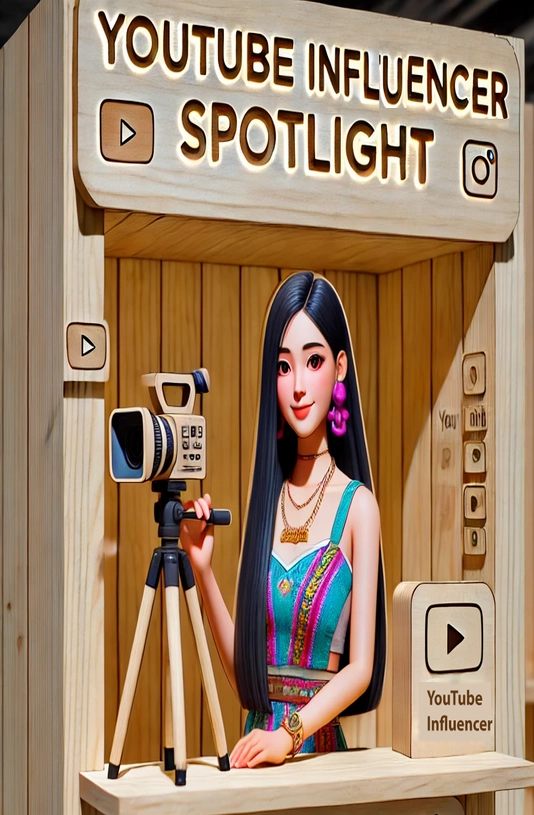 A stylized illustration of a YouTube influencer standing behind a wooden booth labeled "YouTube Influencer Spotlight." The influencer, a young woman with long black hair, is dressed in a colorful, trendy outfit with vibrant accessories, holding a camera on a tripod. The scene represents themes of digital content creation, social media influence, creativity, and YouTube culture, spotlighting influencers who use their platforms to share authentic stories and connect with their audience. The setup symbolizes modern media, self-expression, and the power of digital influence.