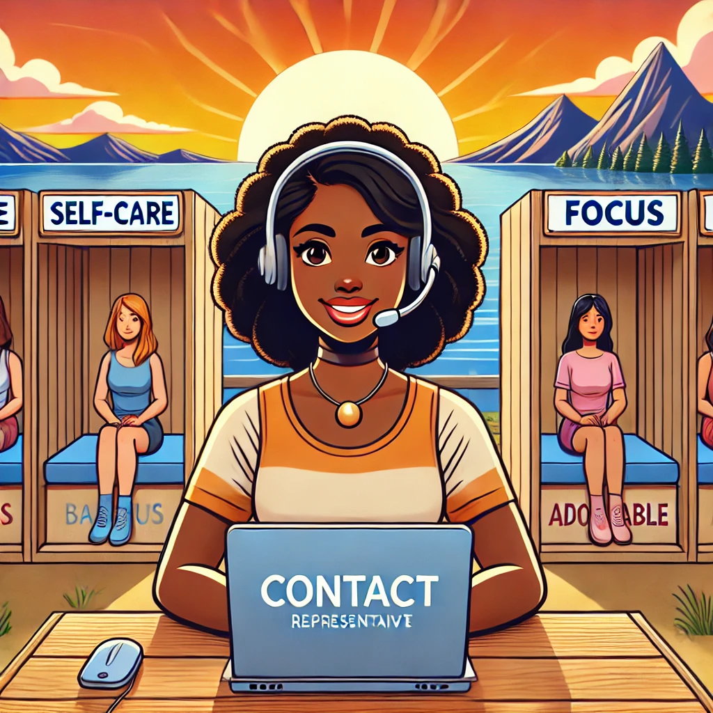 An animated graphic featuring a smiling Black woman wearing a headset, symbolizing a contact representative, sitting at a wooden desk with a laptop that reads 'Contact Representative.' Surrounding her are small booths labeled with words like 'Self-Care,' 'Balance,' 'Focus,' and 'Adaptable,' with women seated inside each booth. The scene is set outdoors during sunset with mountains and a lake in the background, creating a serene and vibrant atmosphere." Animated woman Contact representative Labeled booths Self-care Balance Focus Adaptable Women only Mountain landscape Sunset scene Blogging community