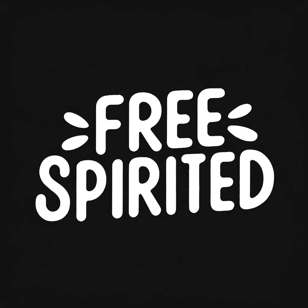 A minimalist black and white graphic with the words 'Free Spirited' written in bold, playful letters. Decorative marks around the text give the design a lively and energetic feel, emphasizing the concept of being carefree and liberated." Keywords: free spirited, minimalist, bold typography, black and white, carefree, playful, energetic, freedom, simple design, graphic.