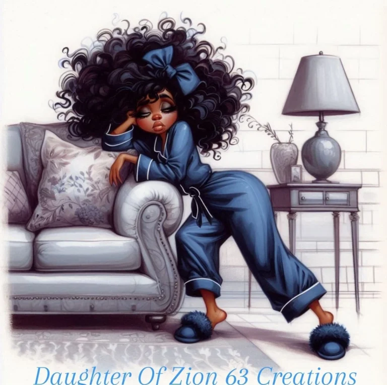 "A charming and expressive illustration of a young Black woman with voluminous curly hair adorned with a large bow, dressed in cozy blue pajamas and matching fluffy slippers. She leans against the arm of a couch, appearing tired and resting her head on her hand. The scene exudes a relaxed, peaceful vibe, with a lamp and side table in the background. The text at the bottom reads 'Daughter of Zion 63 Creations.'" Keywords: illustration, cozy, Black woman, pajamas, tired, curly hair, Daughter of Zion 63 Creations, relaxation, resting, home decor, peaceful mood, lounging.