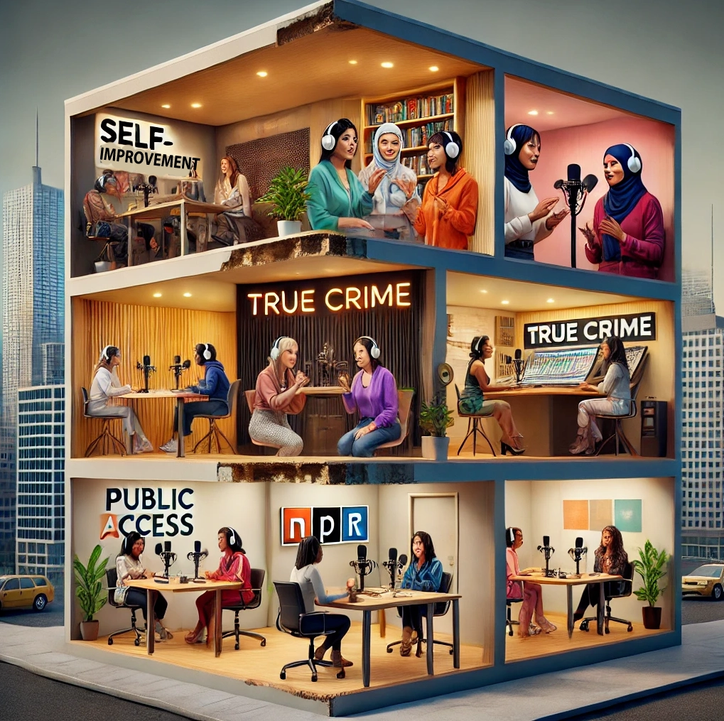 A multi-level building showcasing various podcast studios, each dedicated to different genres. The top floor highlights a group discussing self-improvement, while the middle levels focus on true crime podcasts with hosts deep in conversation. The ground floor features public access and NPR podcast studios, where hosts engage in thoughtful discussions. The vibrant and diverse setup represents the power of storytelling, community, and education through podcasting. The scene illustrates a blend of creativity, learning, and entertainment in a modern media landscape.