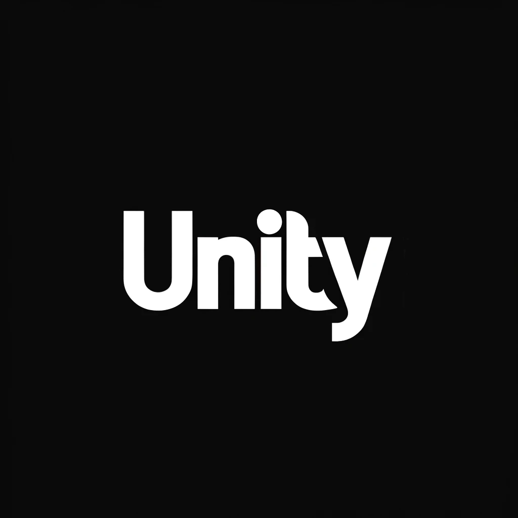 "Minimalist black-and-white design with the word 'Unity' written in bold, white typography centered on a black background." Unity minimalist design bold typography black-and-white graphic unity logo